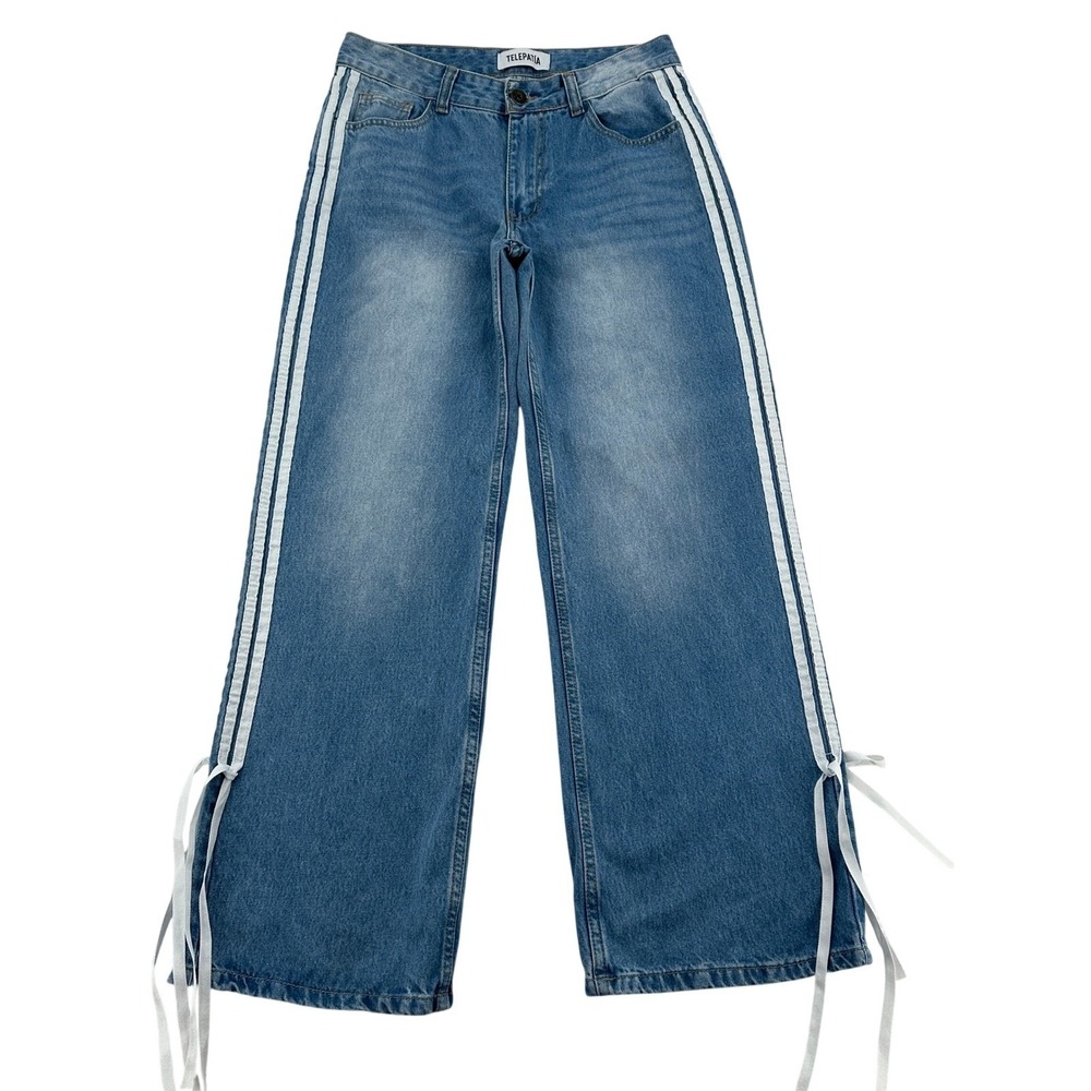 Telepatia Women 27 Wide Leg Jeans Blue Denim Double Stripe Tie Ankle Street Wear